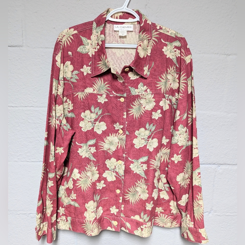 Vintage Linen Blend Shirt / Jacket Plus Size 2X  Earth Tone Floral Coastal